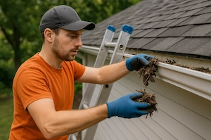 Technician clearing leaves from a roof gutter